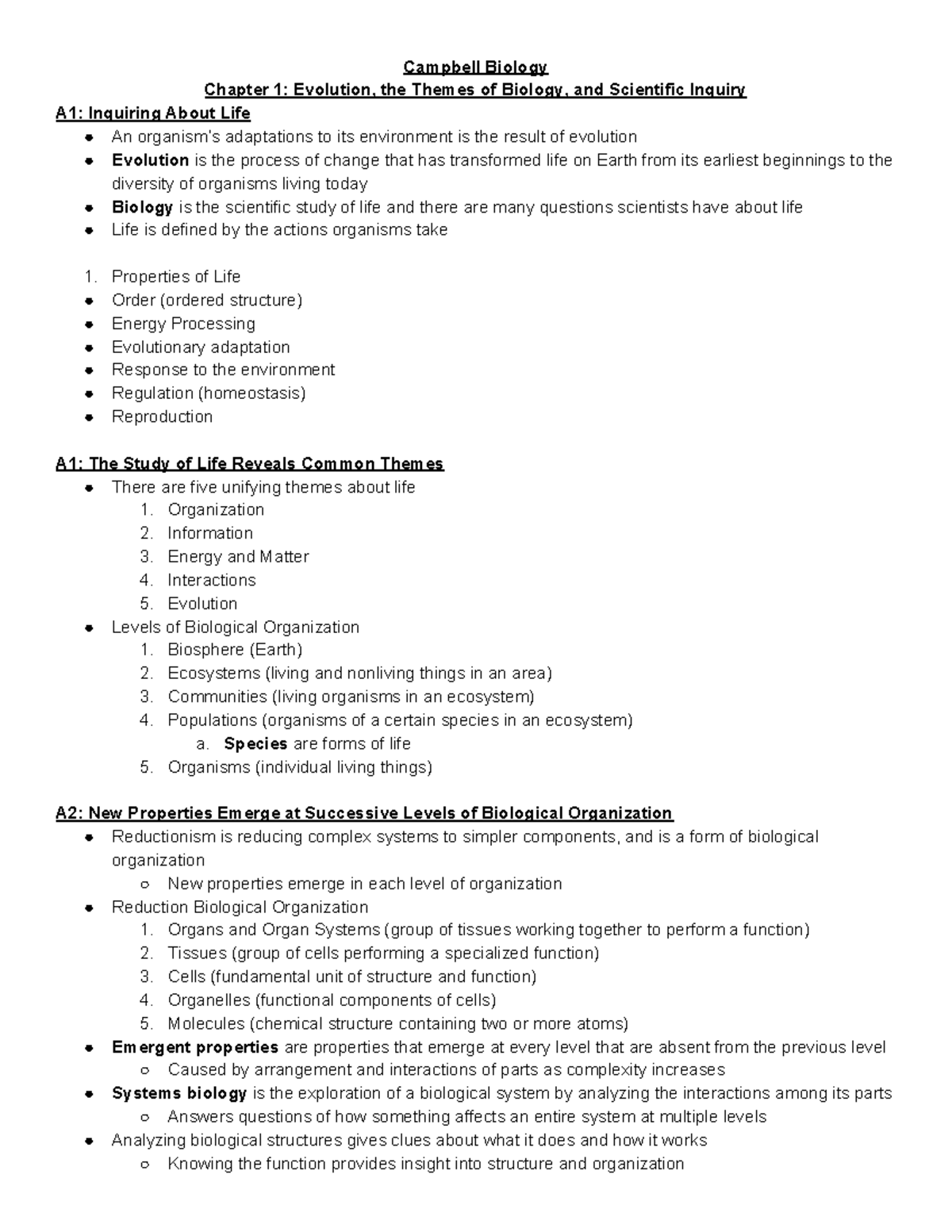 AP Biology Chapter 1 Notes - Campbell Biology Chapter 1: Evolution, the ...