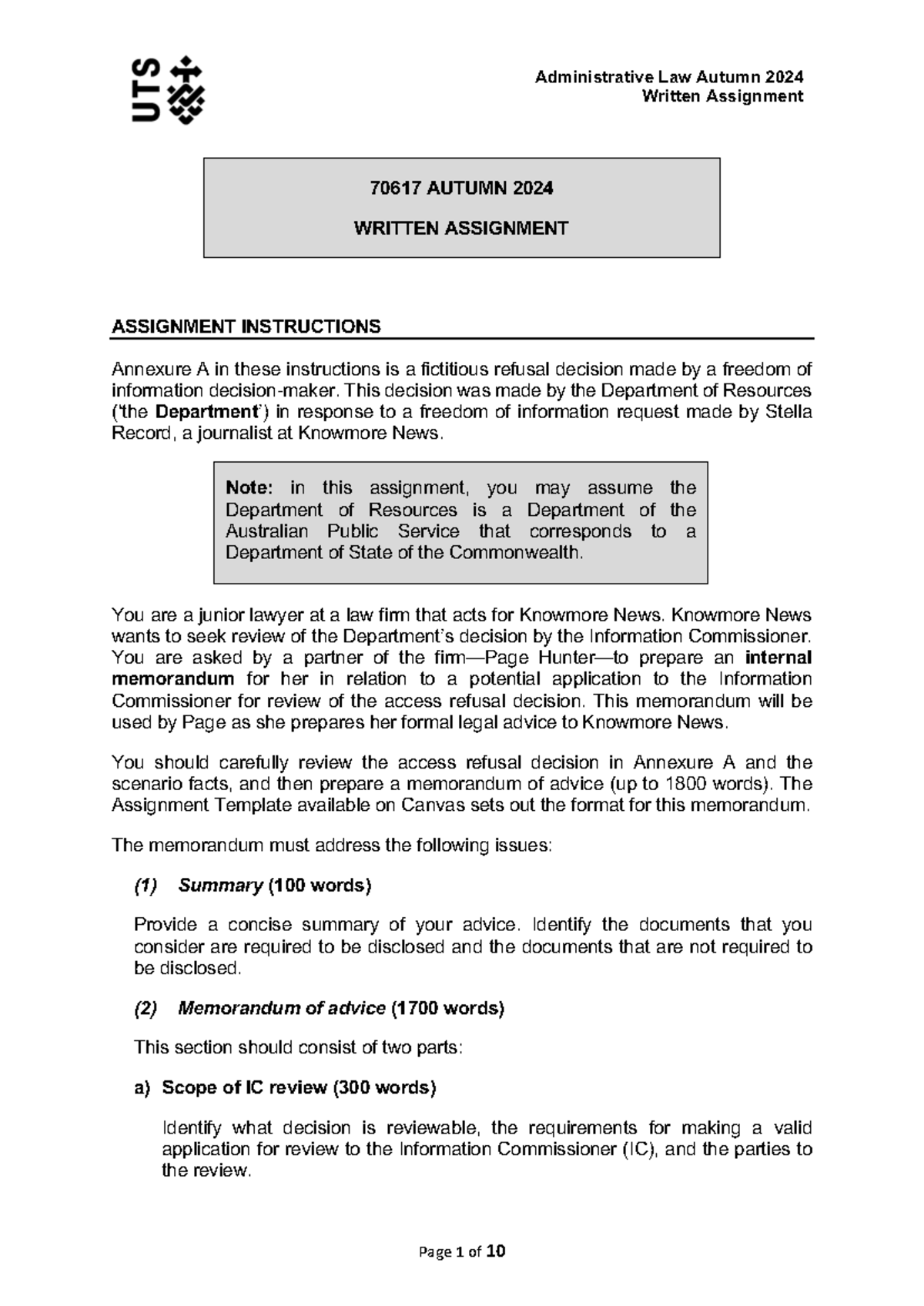 70617 Autumn 24 Assignment Instructions Canvas - Written Assignment ...