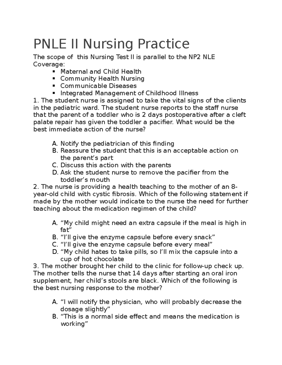 PNLE II Nursing Practice - The student nurse reports to the staff nurse ...