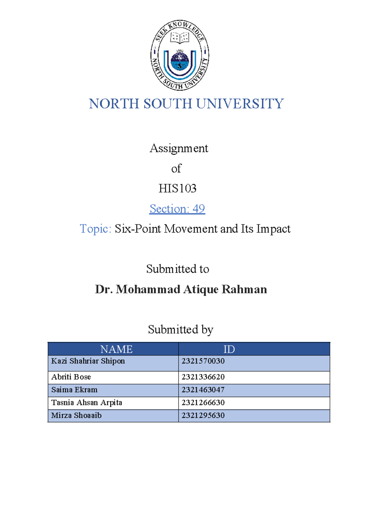 HIS103 Assignment - NORTH SOUTH UNIVERSITY Assignment of HIS Section ...