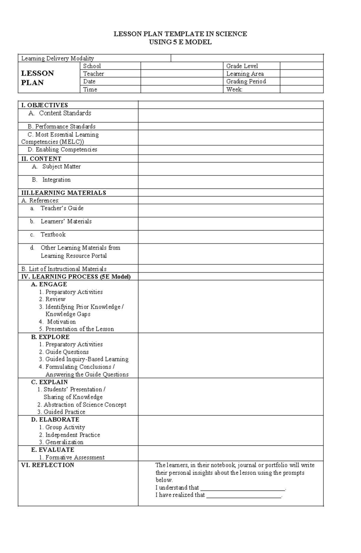 Lesson Plan Template Using 5E Model - LESSON PLAN TEMPLATE IN SCIENCE ...