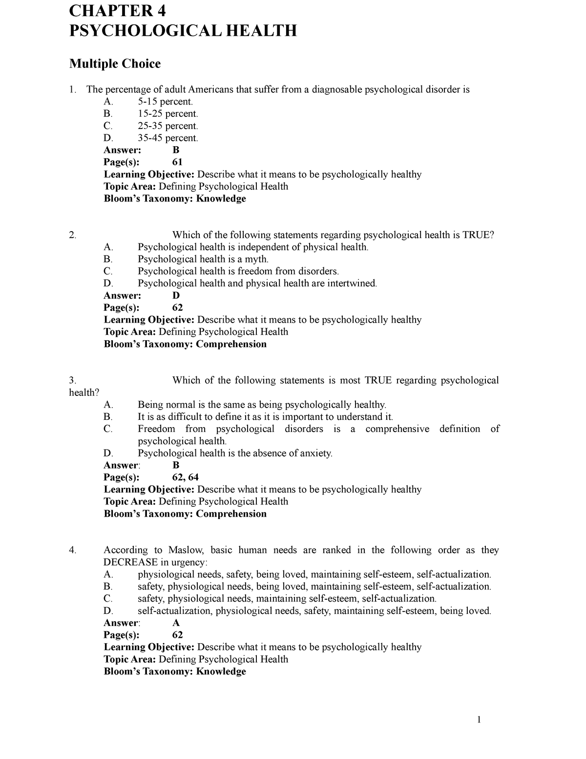 Chp4 - Practice Questions - CHAPTER 4 PSYCHOLOGICAL HEALTH Multiple ...