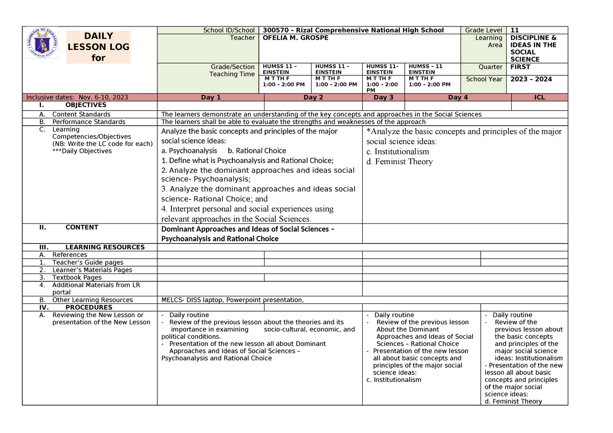 DLL W1 - week 1 dll 1st sem - ####### School ID/School 300570 – Rizal ...