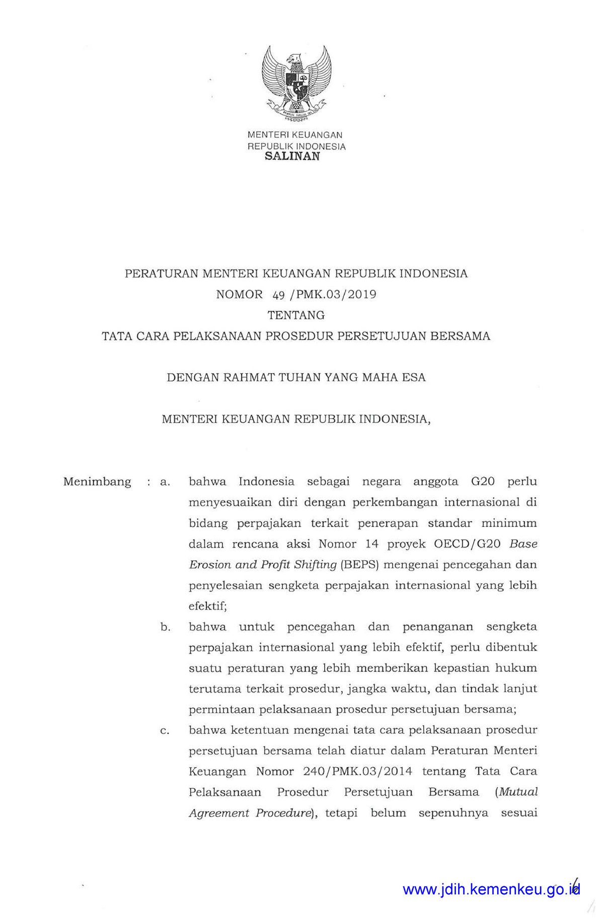 PMK 49 PMK.03 2019 - PMK 49 PMK.03 2019 - MENTERIKEUANGAN REPUBLIK ...