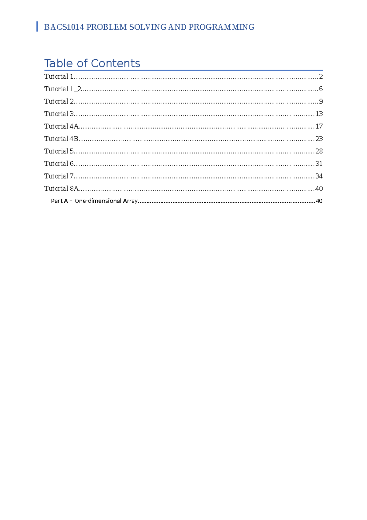 BACS1014 Tutorial - Table of Contents Tutorial - Studocu