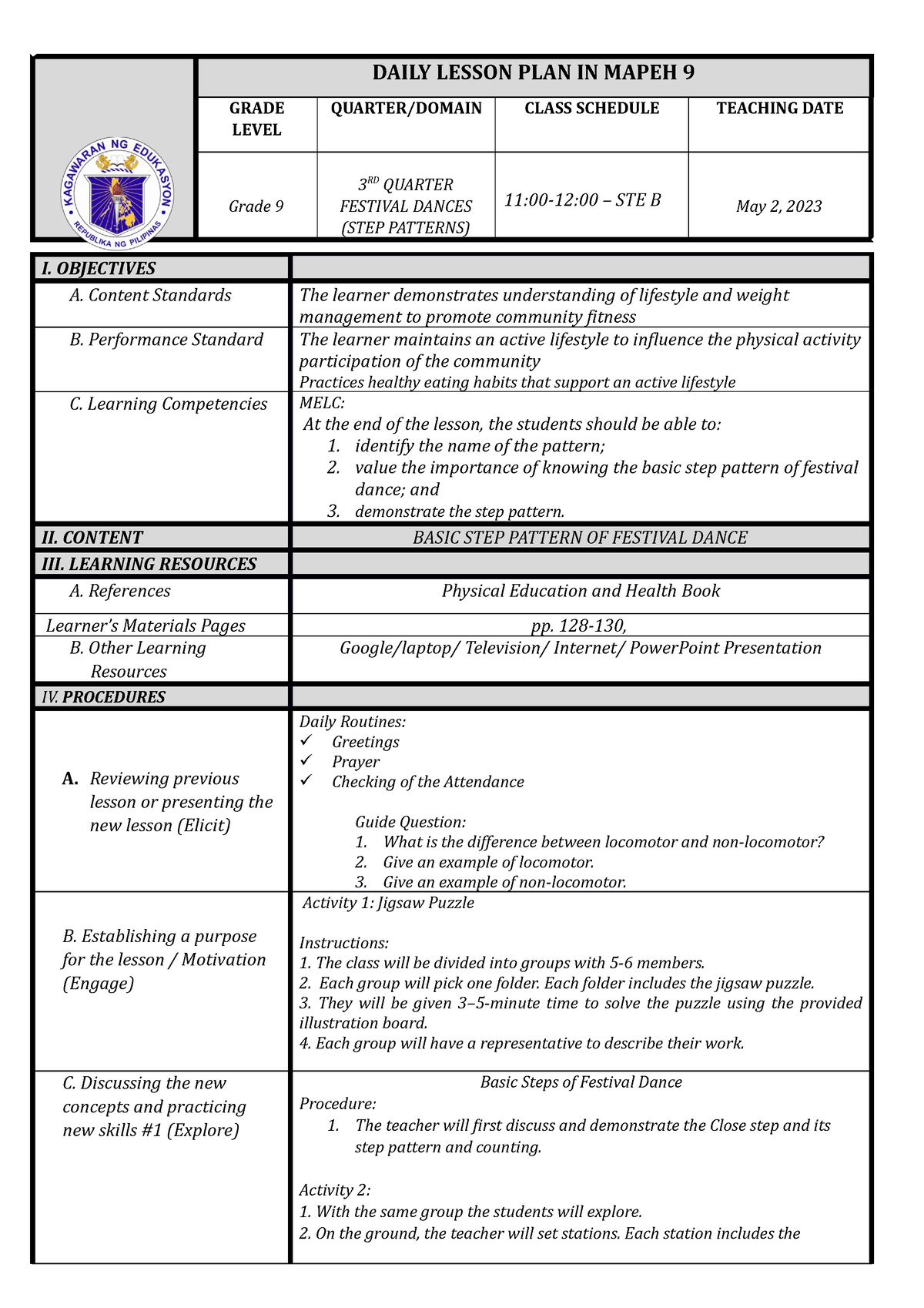 Lesson Plan 3rd quarter - DAILY LESSON PLAN IN MAPEH 9 GRADE LEVEL ...