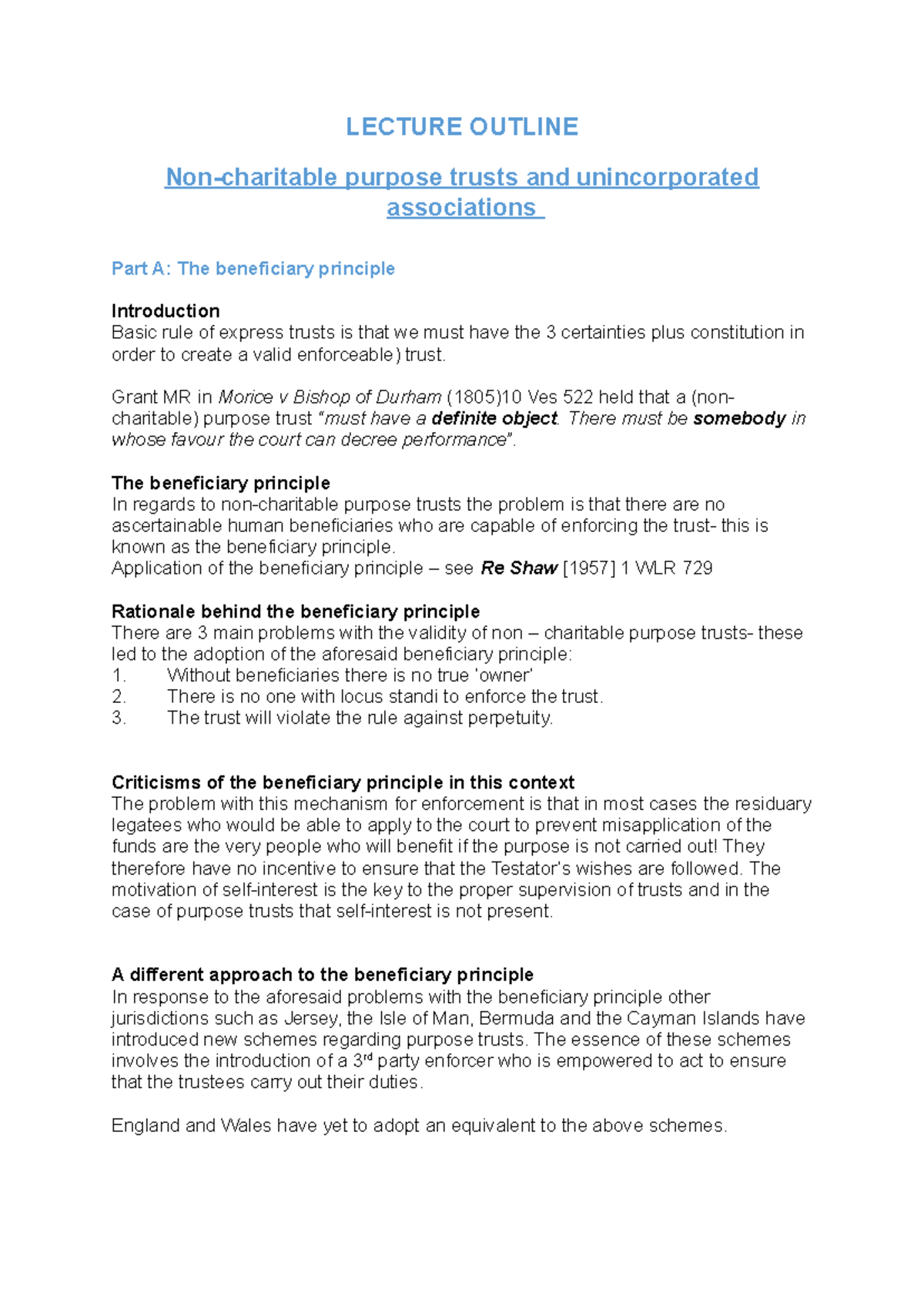 Non charitable purpose trusts and UIA's lecture handout - LECTURE ...