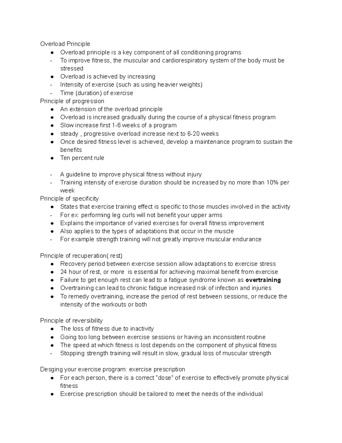 Fitness activites notes - Overload Principle Overload principle is a ...