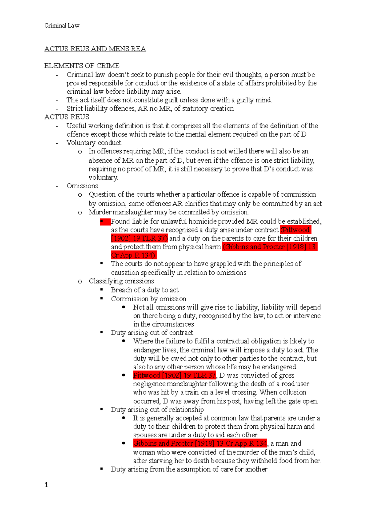AR and MR - AR and MR notes - ACTUS REUS AND MENS REA ELEMENTS OF CRIME ...