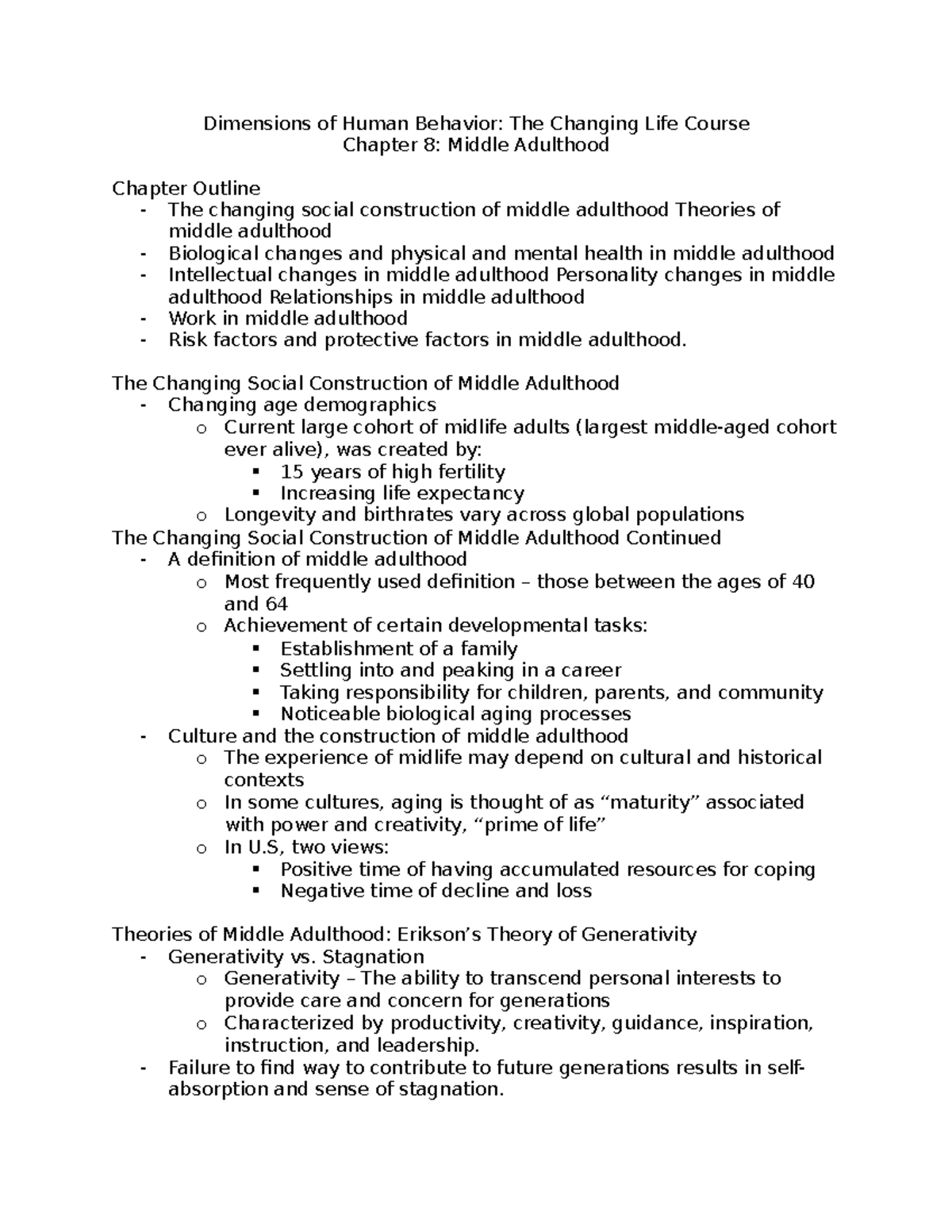 SW 411 Chapter 8 Notes Dimensions of Human Behavior The Changing