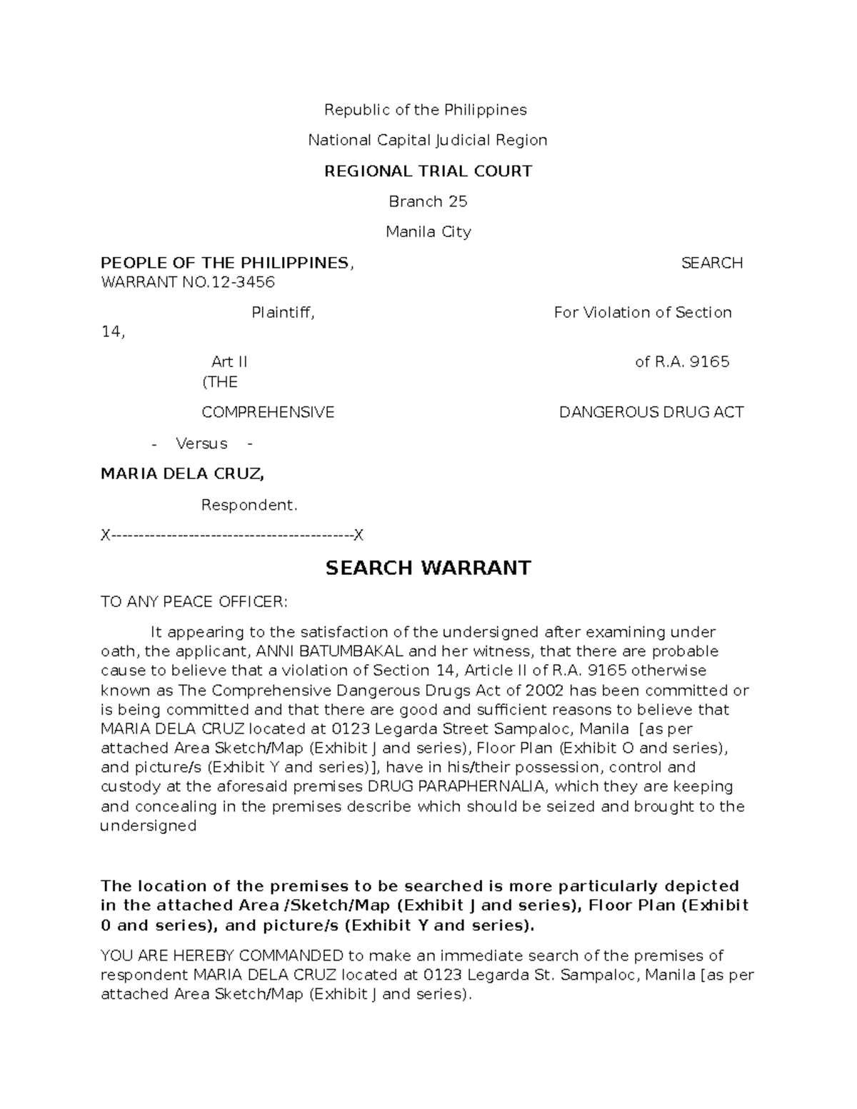 Search Warrant - YES U CAN - Republic of the Philippines National ...