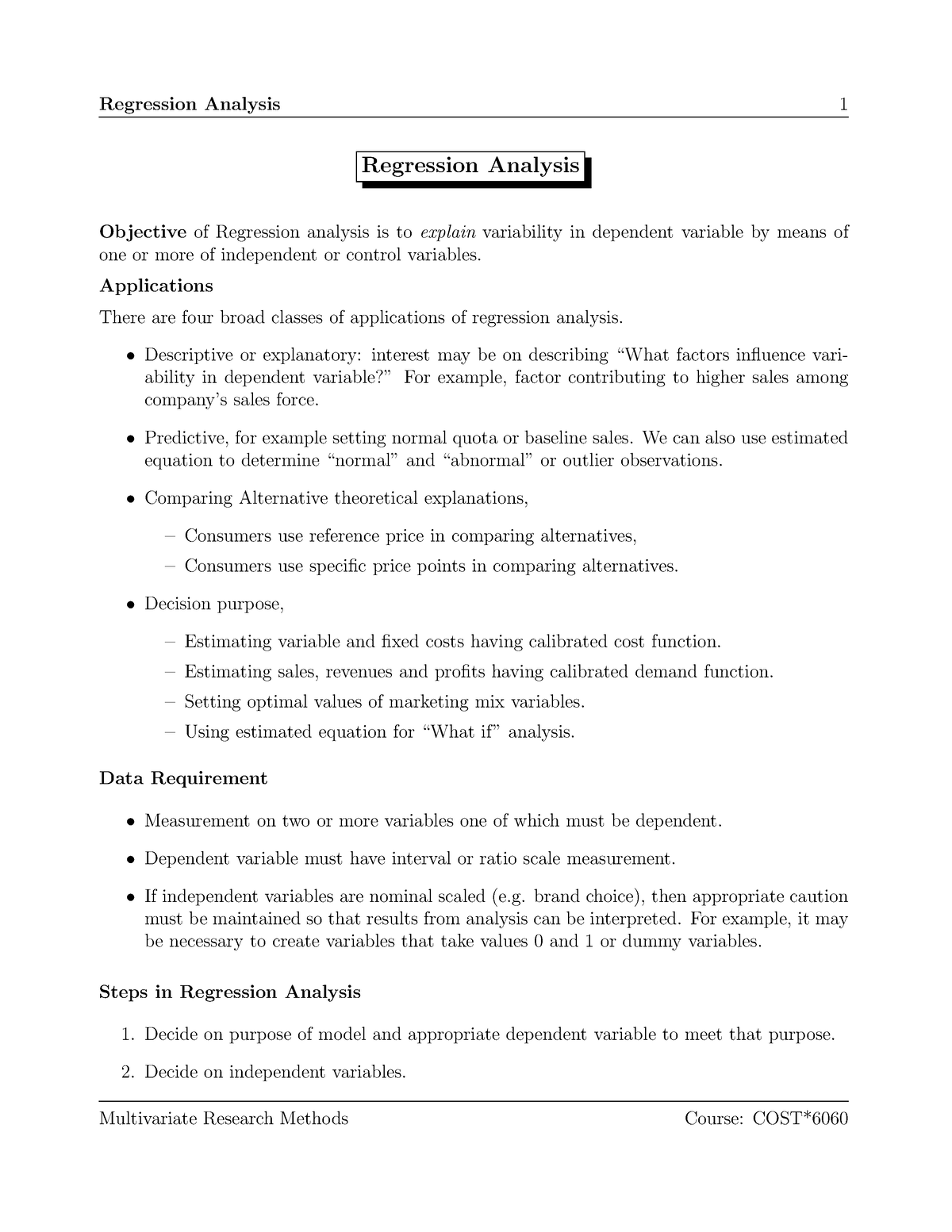 Regression - lecture notes - Regression Analysis Objectiveof Regression ...