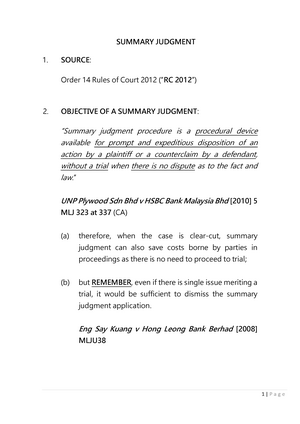 2 Lecture Notes On Summary Judgment Under Order 14 Rc 2012 Studocu