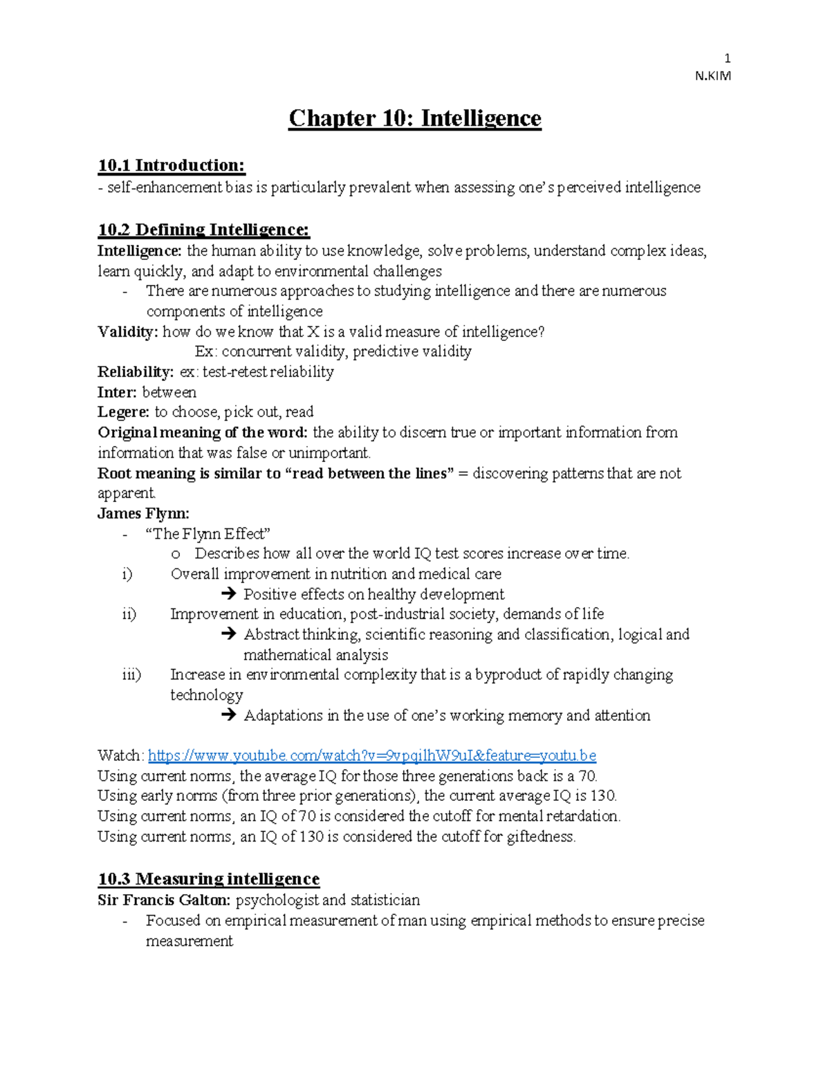 PSY100 Study Guide-17 - 1 N Chapter 10: Intelligence 10 Introduction ...