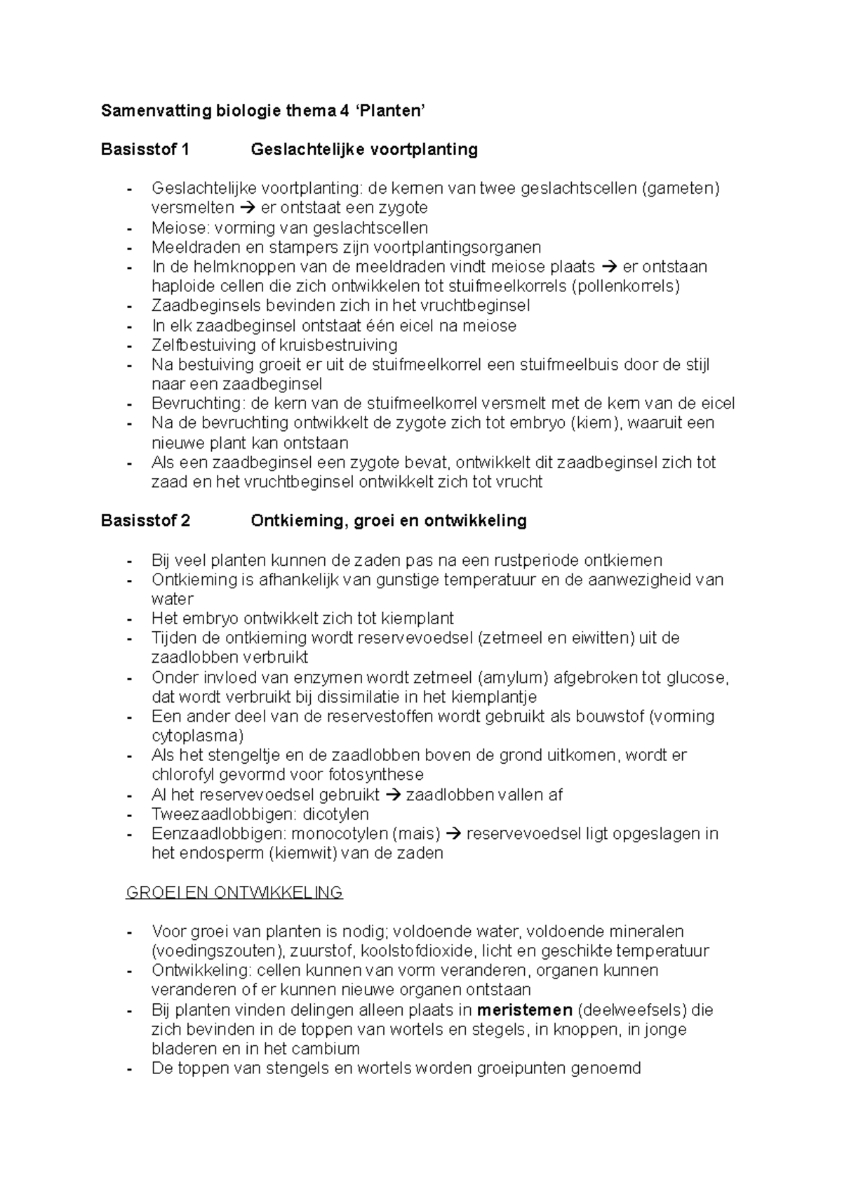 Biologie Samenvatting Thema 4 - Samenvatting Biologie Thema 4 ‘Planten ...