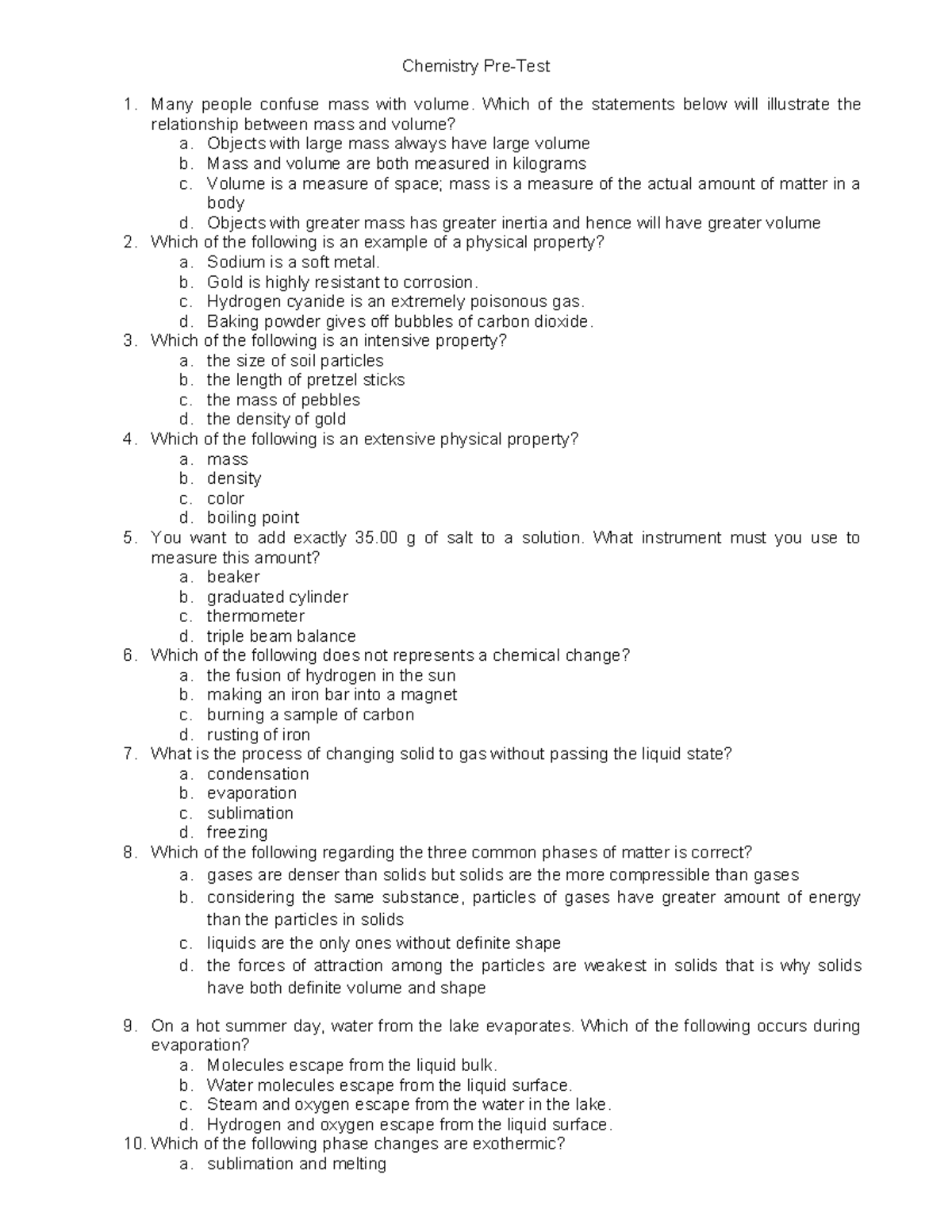 Chemistry-pre-test - Science - Chemistry Pre-test Many People Confuse 