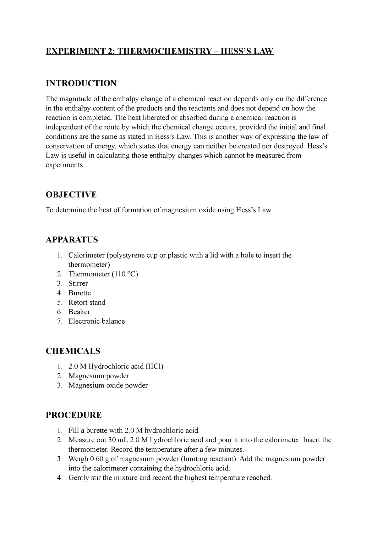 lab report chemistry matriculation experiment 2 semester 1