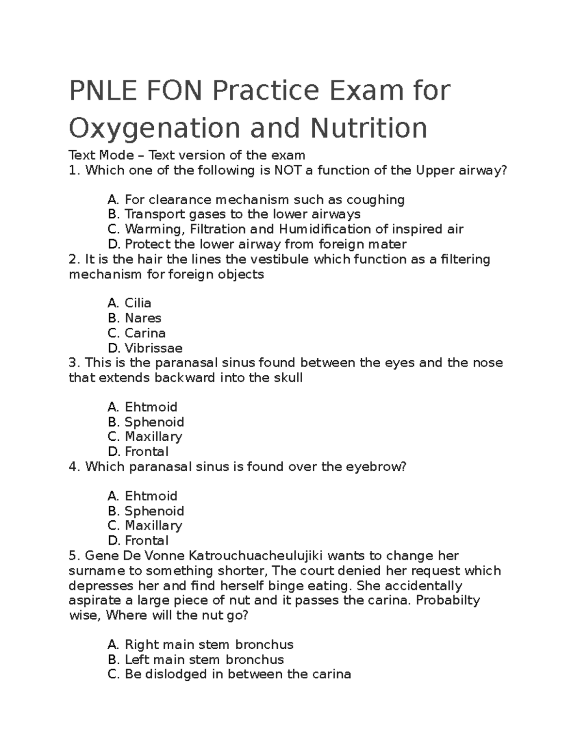 PNLE FON Practice Exam For Oxygenation And Nutrition - PNLE FON ...