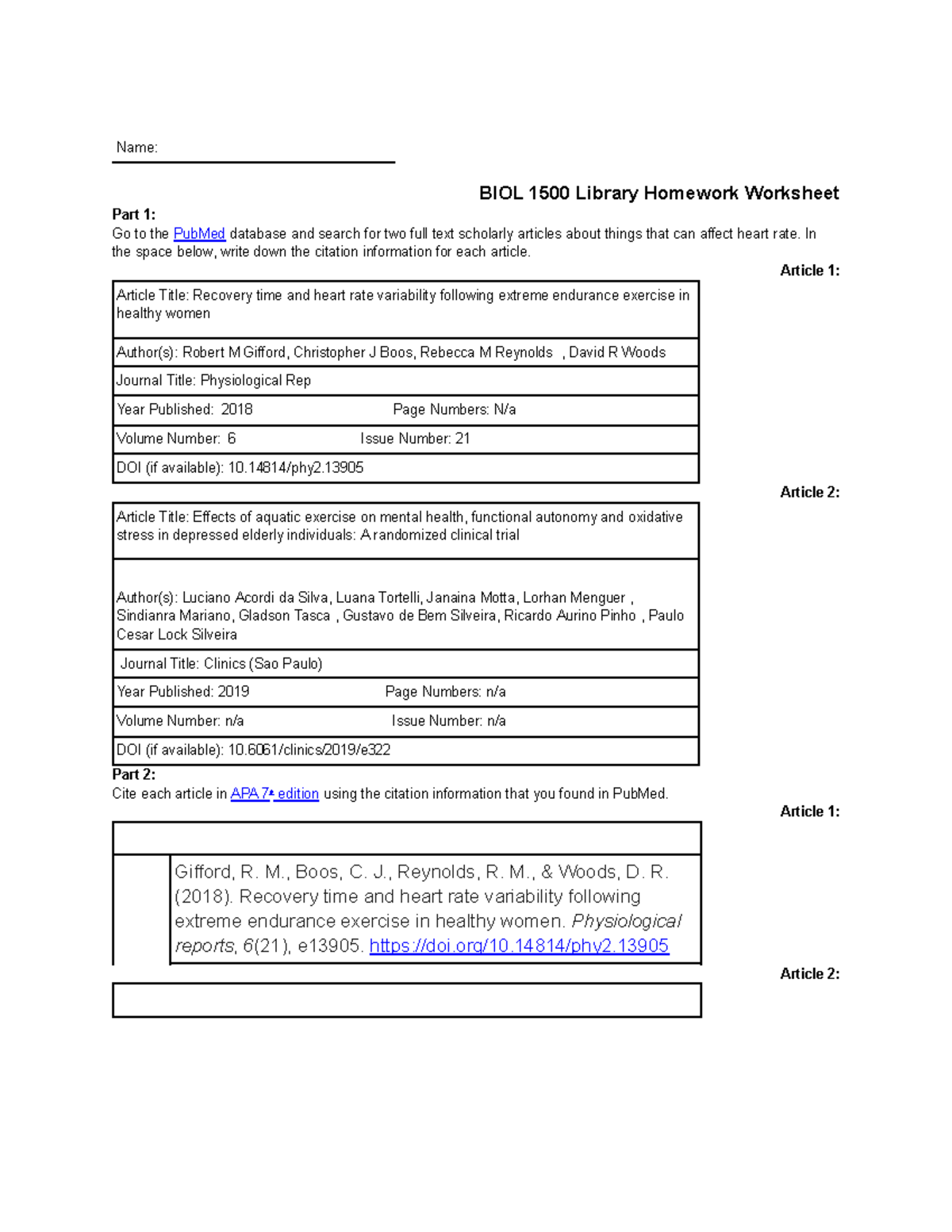 BIO lib hw - bio library hw - Name: BIOL 1500 Library Homework ...