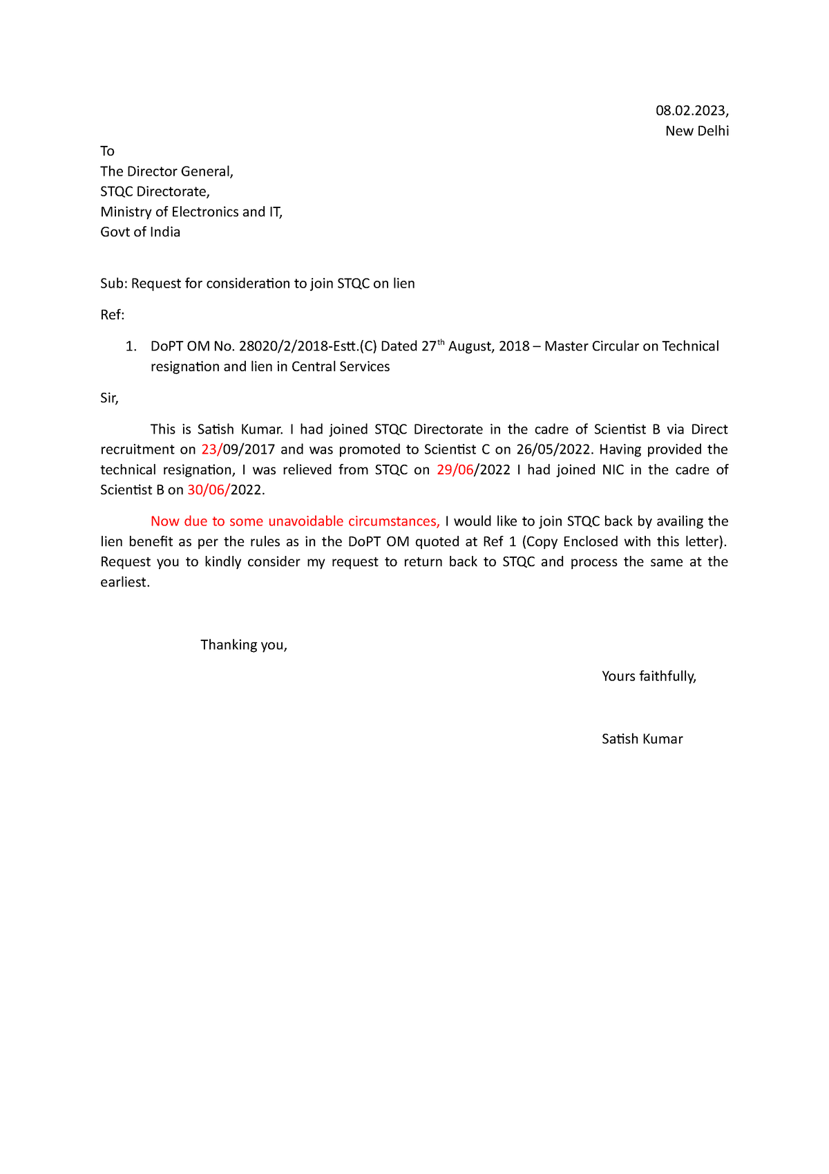 Request Letter Satish Kumar - 08.02, New Delhi To The Director General ...