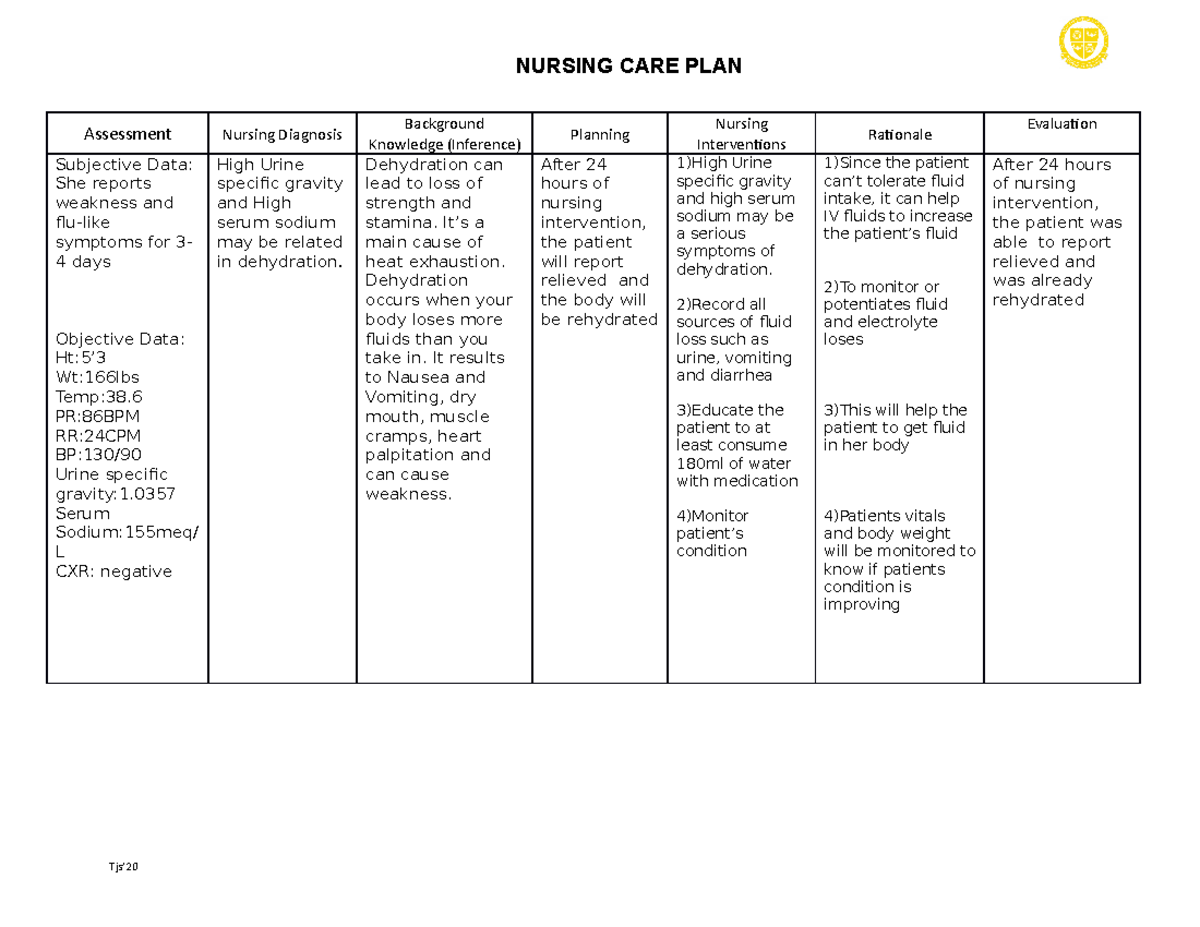 Nursing care plan practice - NURSING CARE PLAN Assessment Nursing ...