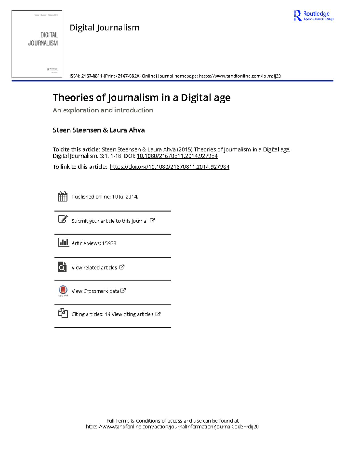 Theories Of Journalism In A Digital Age - Full Terms & Conditions Of ...