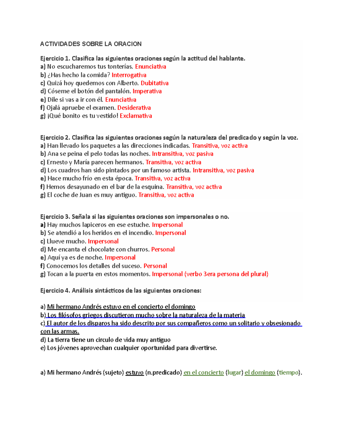 Actividades Sobre LA Oracion - ACTIVIDADES SOBRE LA ORACION Ejercicio 1 ...