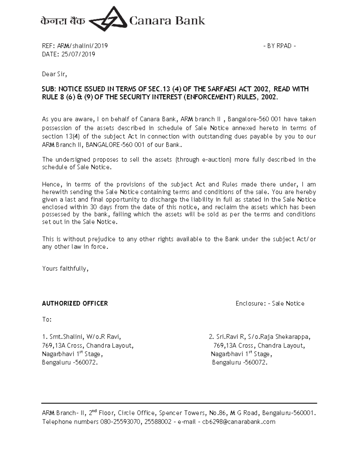 Salenoticeshalini Assignment ARM Branch II, 2nd Floor, Circle