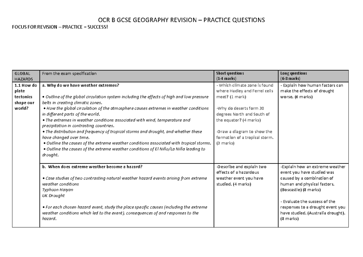 OCR GCSE B Practice Exam Questions - FOCUS FOR REVISION – PRACTICE ...