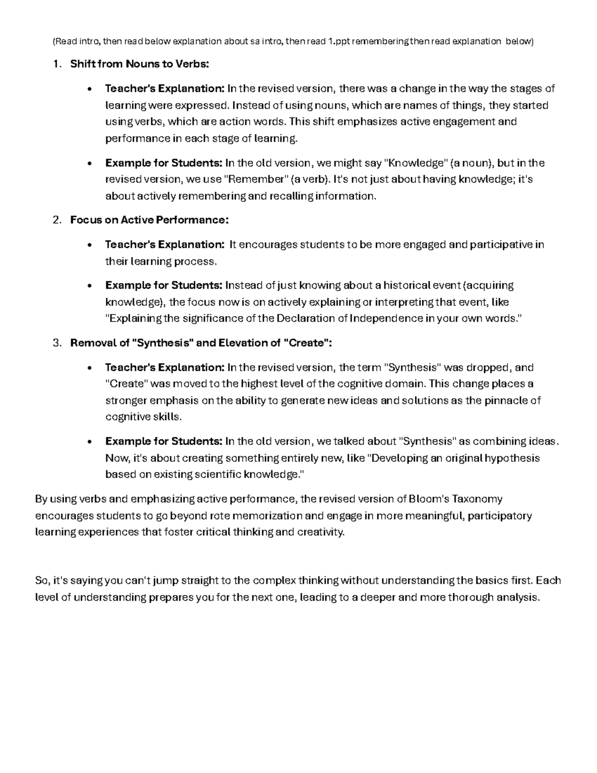 Blooms taxonomy Revised explanation - (Read intro, then read below ...