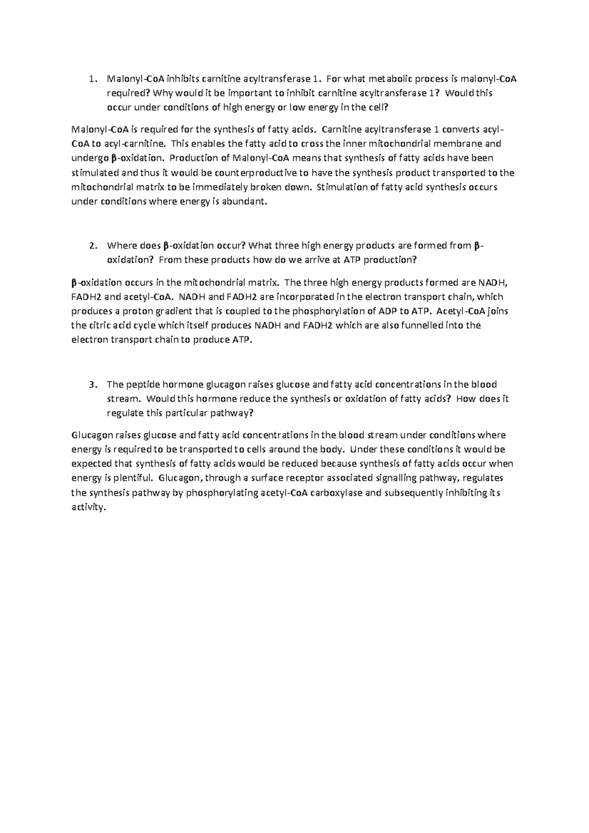 Fatty acid metabolism revision questions and answers - Malonyl-CoA ...