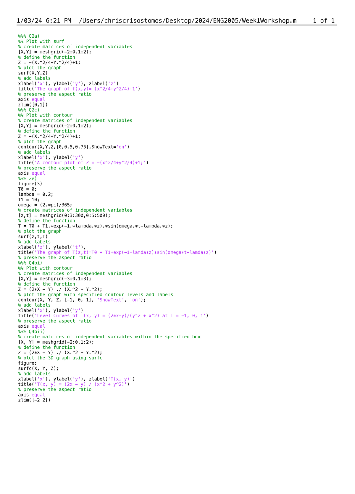 Code Workshop Week 1 - Code for matlab - 1/03/24 6:21 PM - Studocu