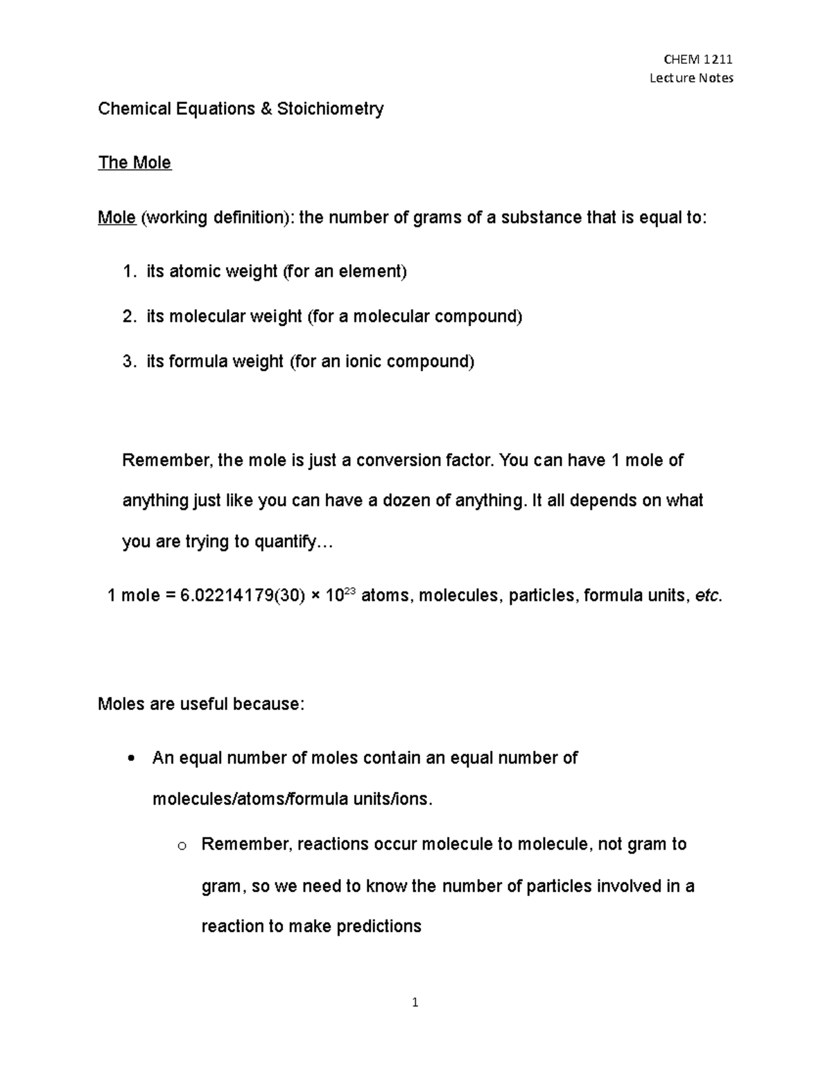 2021 CHEM 1211 Principles Of Chem I Lecture Notes The Mole 3A ...