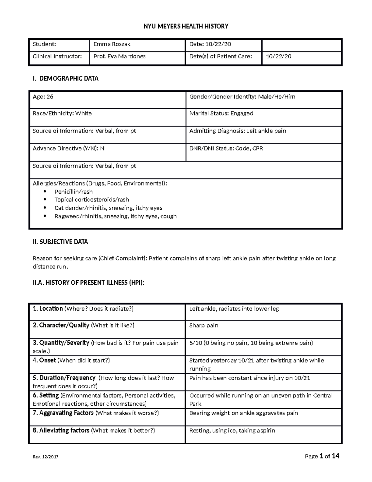 Health History - Lecture assignment - Student: Emma Roszak Date: 10/22 ...