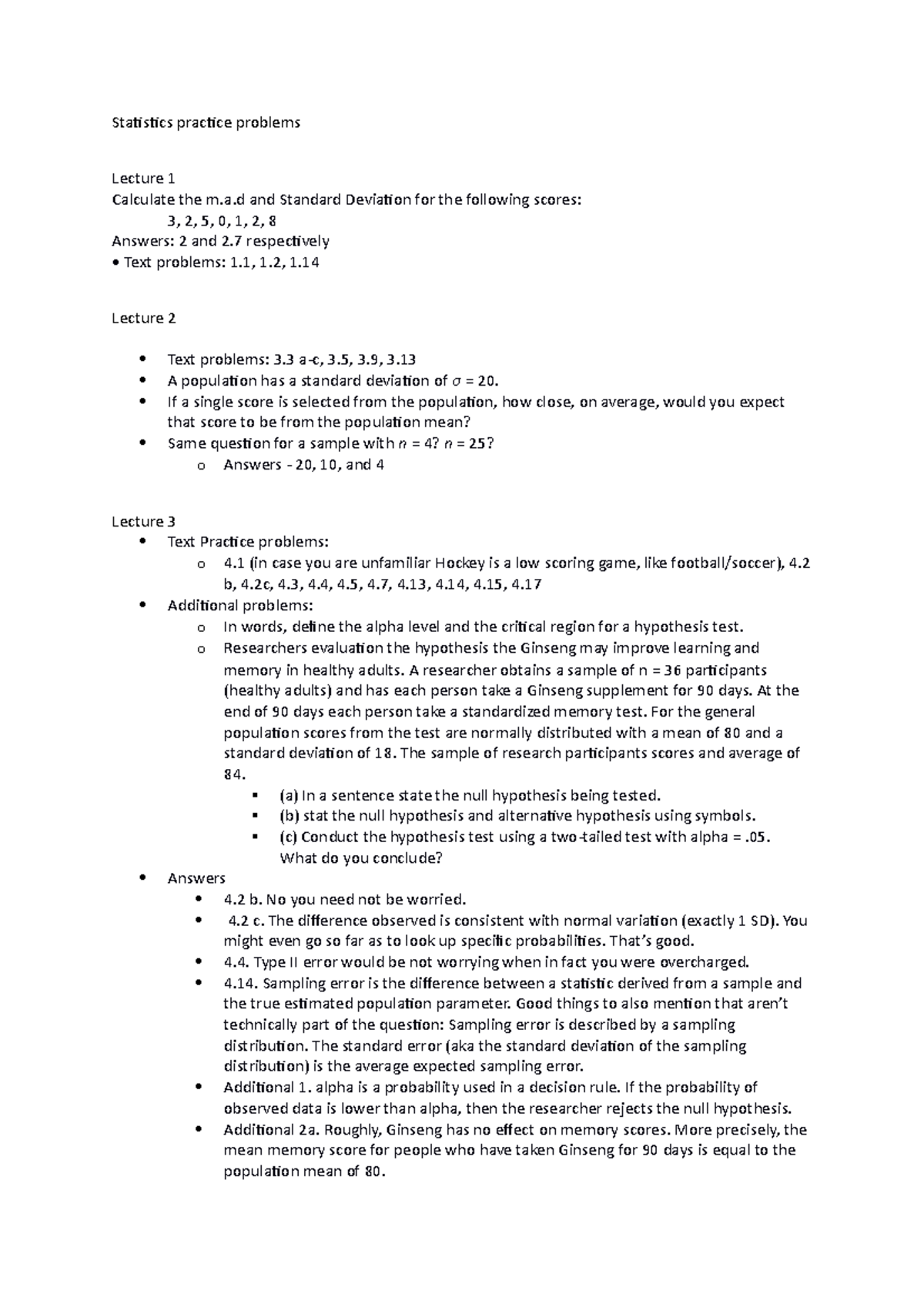 Statistics practice problems and lecture topics - Studocu