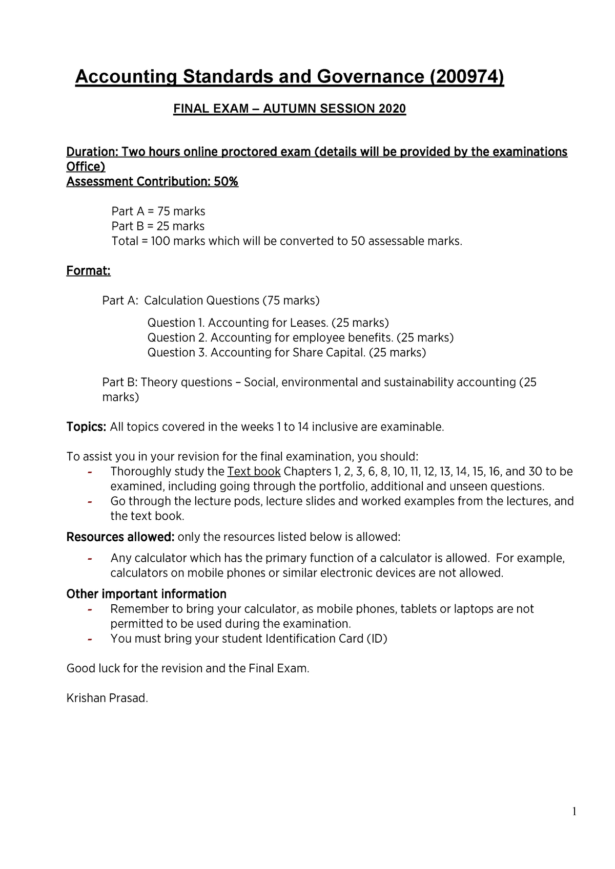 Final Exam Details Autumn 2020 - 1 Accounting Standards And Governance ...