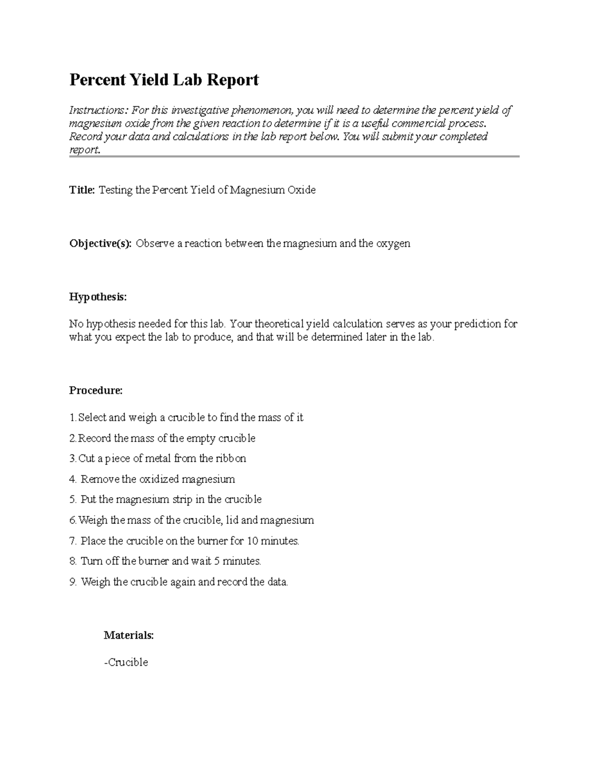 05 06 report - TEH BEST - Percent Yield Lab Report Instructions: For ...