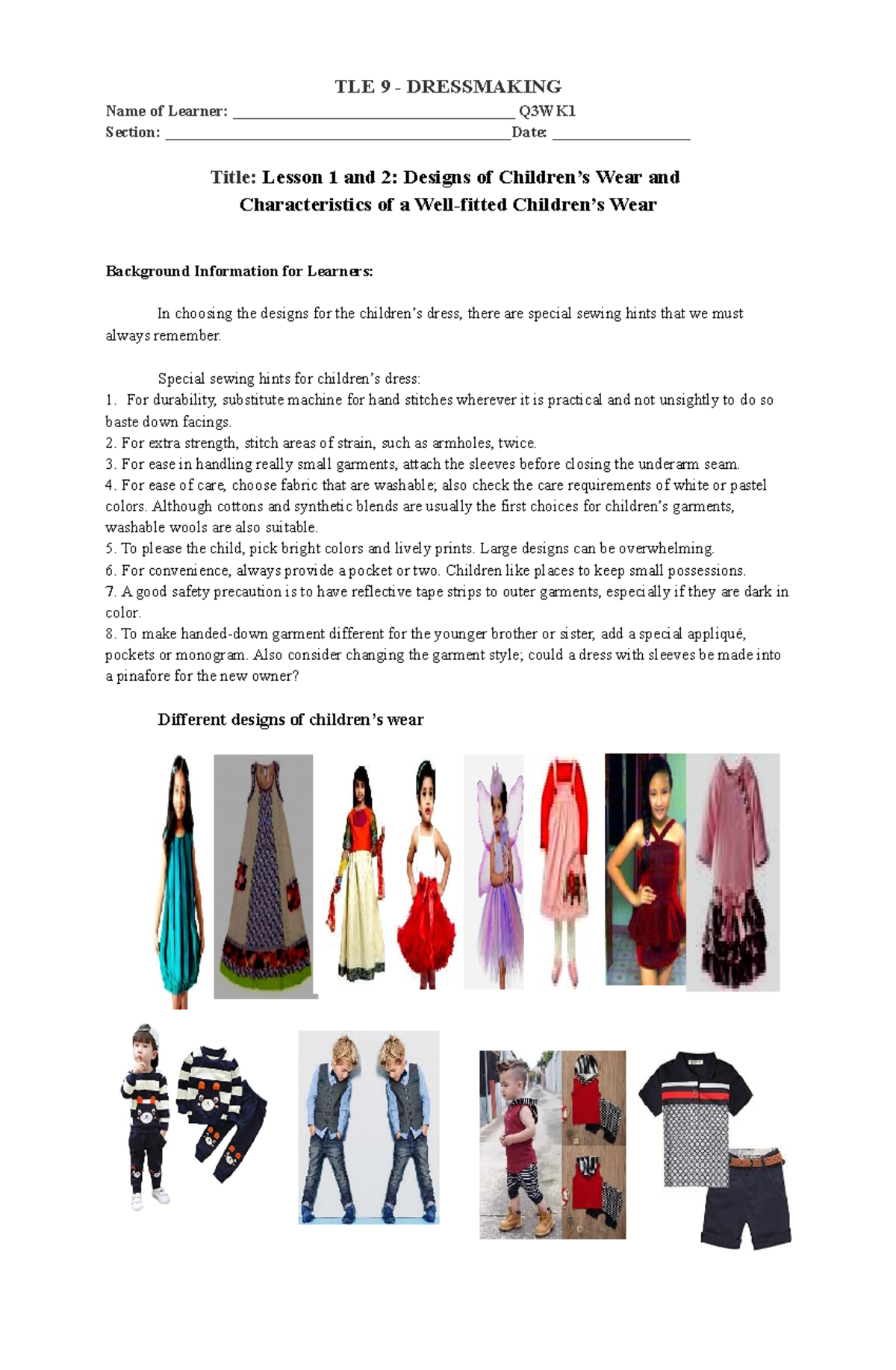 Dressmaking Grade 9 Q3 WK1 WK8 38 Pages Edited TLE 9 DRESSMAKING 