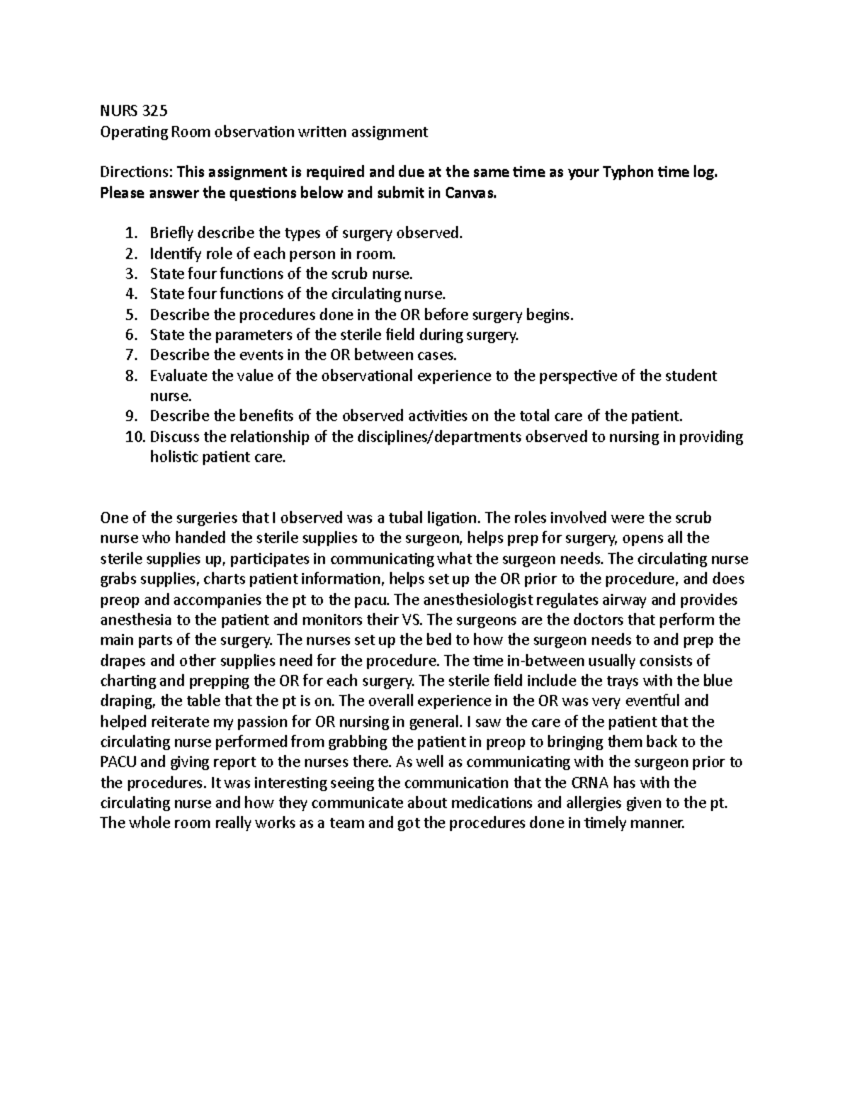 OR written assignment - notes - NURS 325 Operating Room observation ...