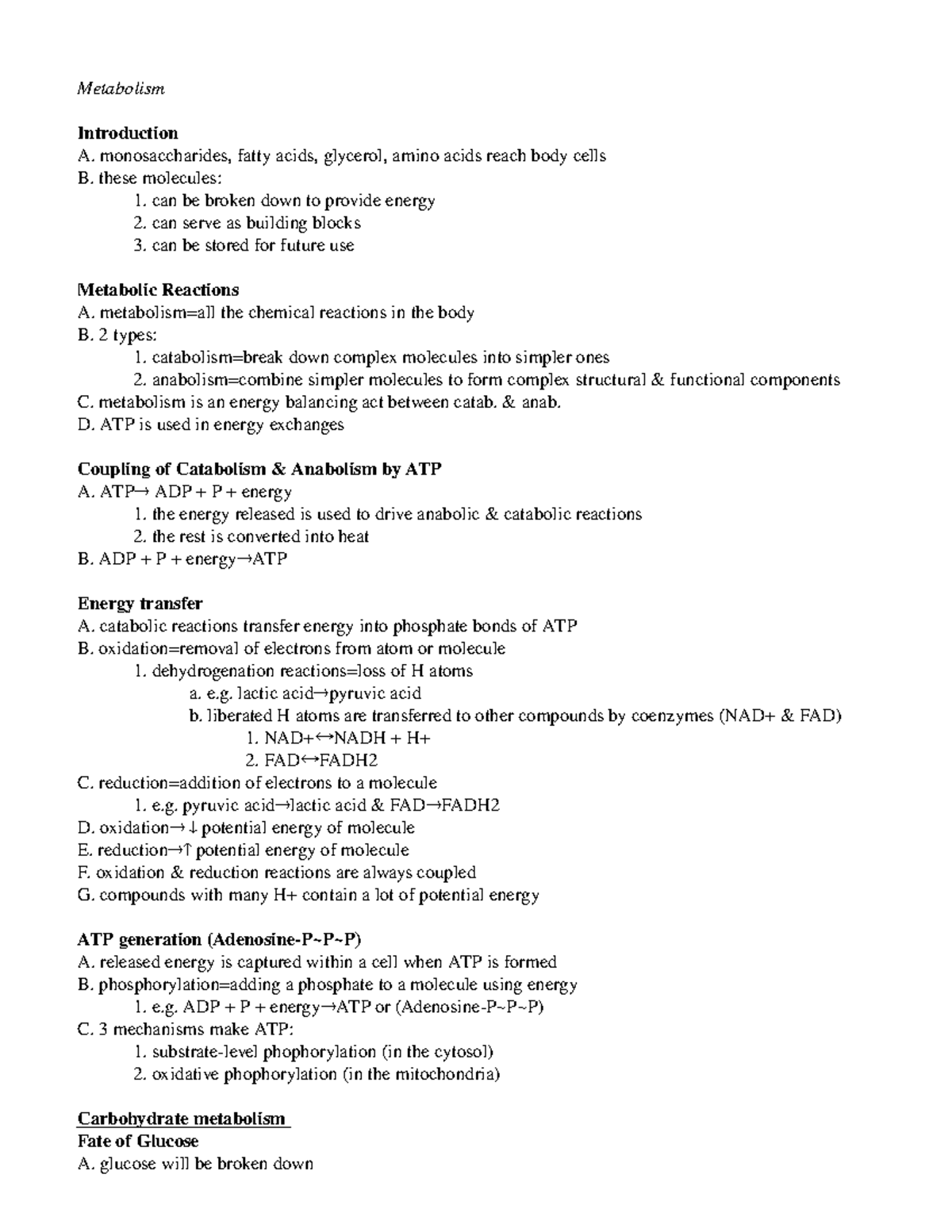 Metabolism - Anatomy And Physiology Notes Based On Topic - Metabolism ...