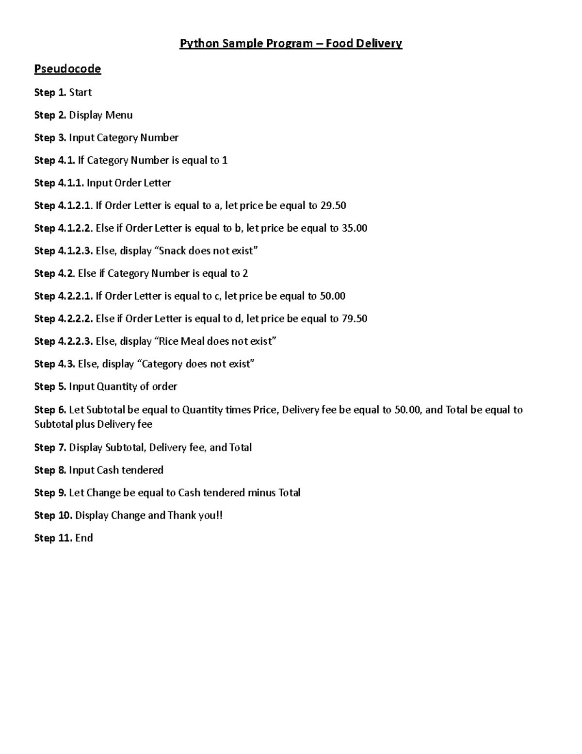 Python Sample Program – Food Delivery - Computer Programming 1 - Studocu