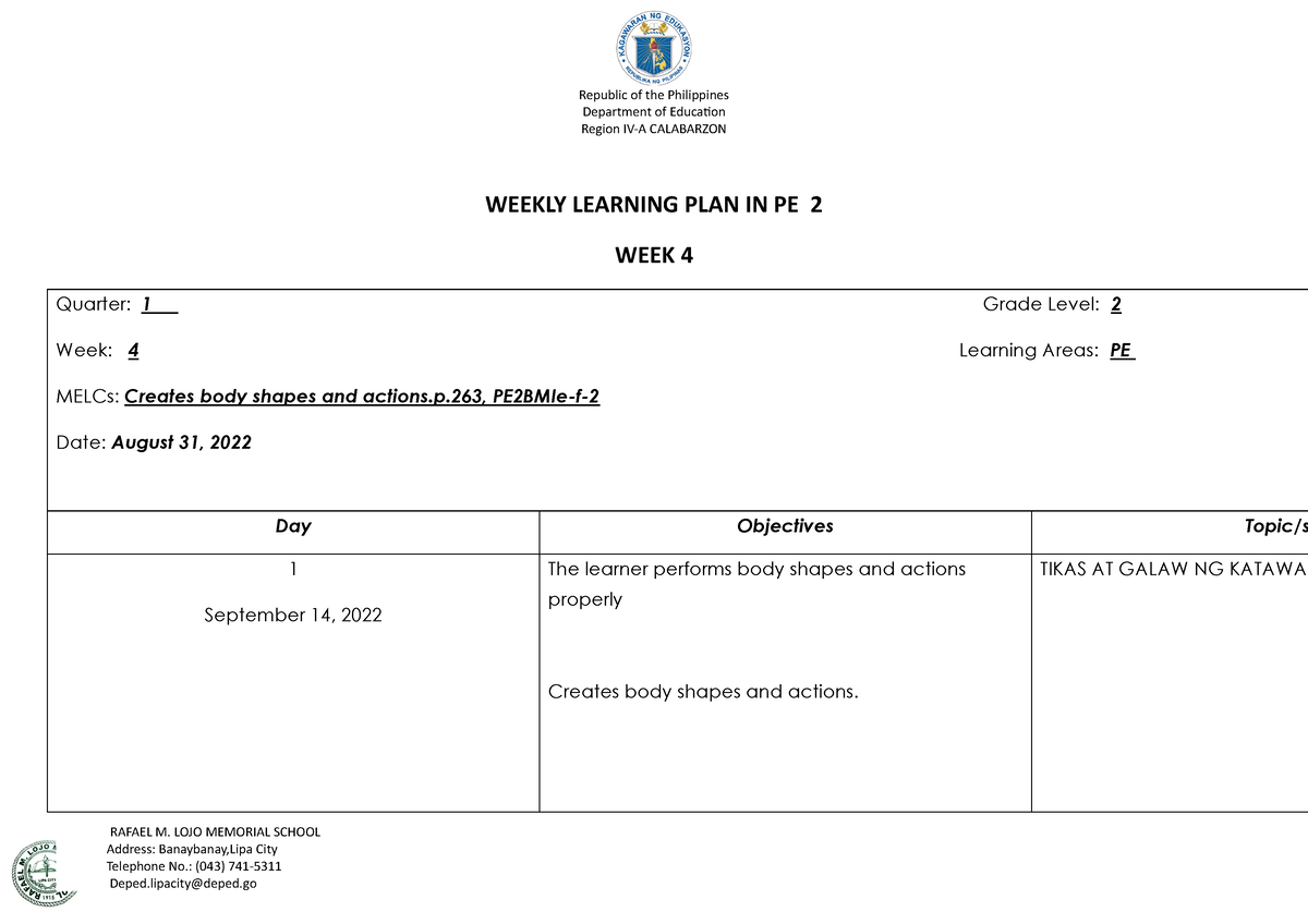 WLP PE WEEK 4 - WLP PE WEEK 4 - Department Of Education Region IV-A ...