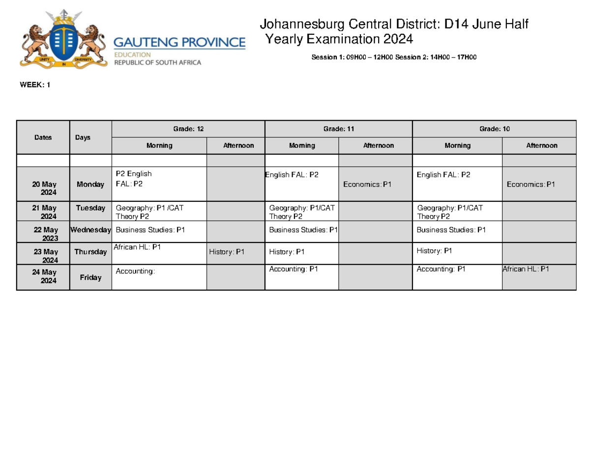 June Exam Time Table 2024 Final - Yearly Examination 2024 Session 1 ...