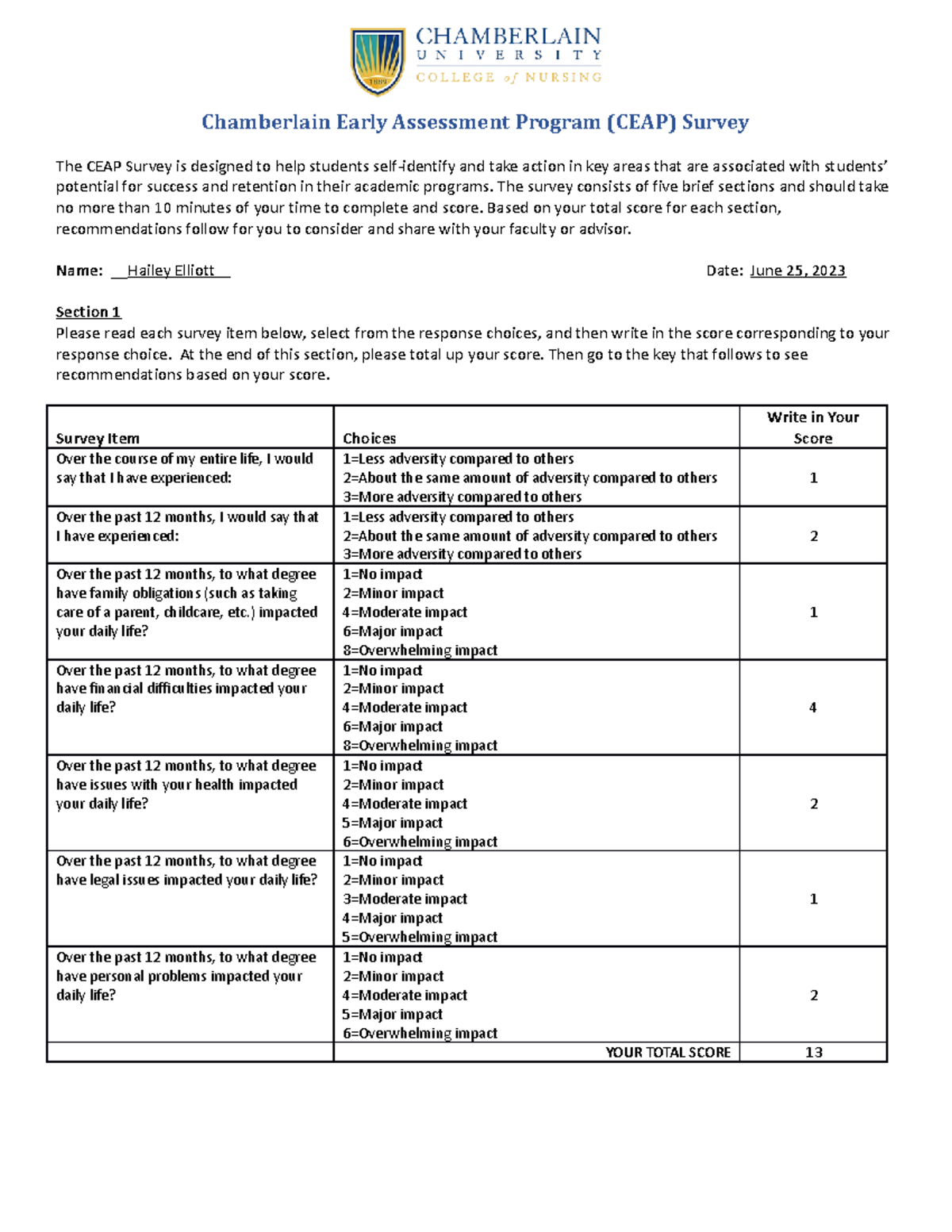 CEAP Survey - NR103 - Chamberlain Early Assessment Program (CEAP ...