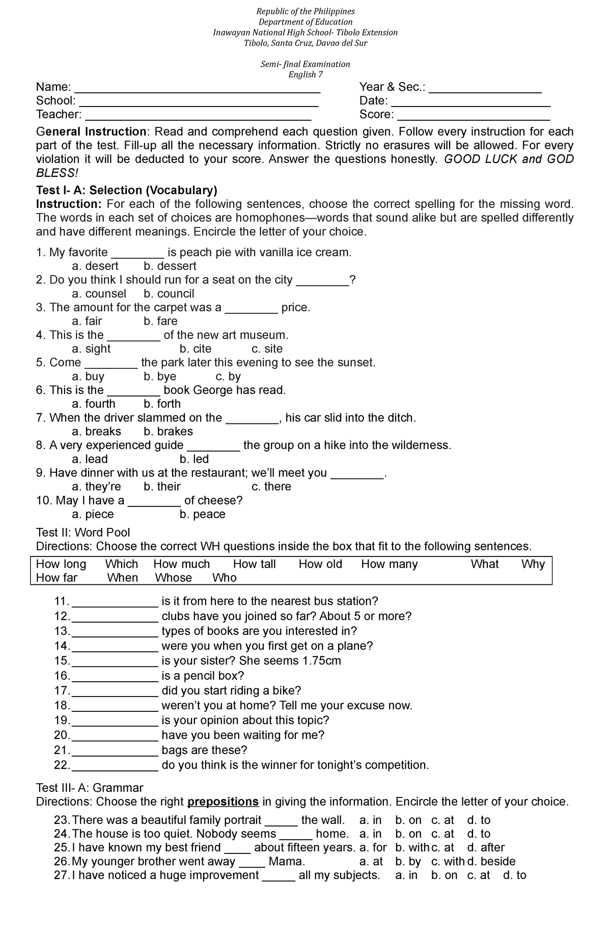 Grade 7 semi - a sample of summative test - Republic of the Philippines ...