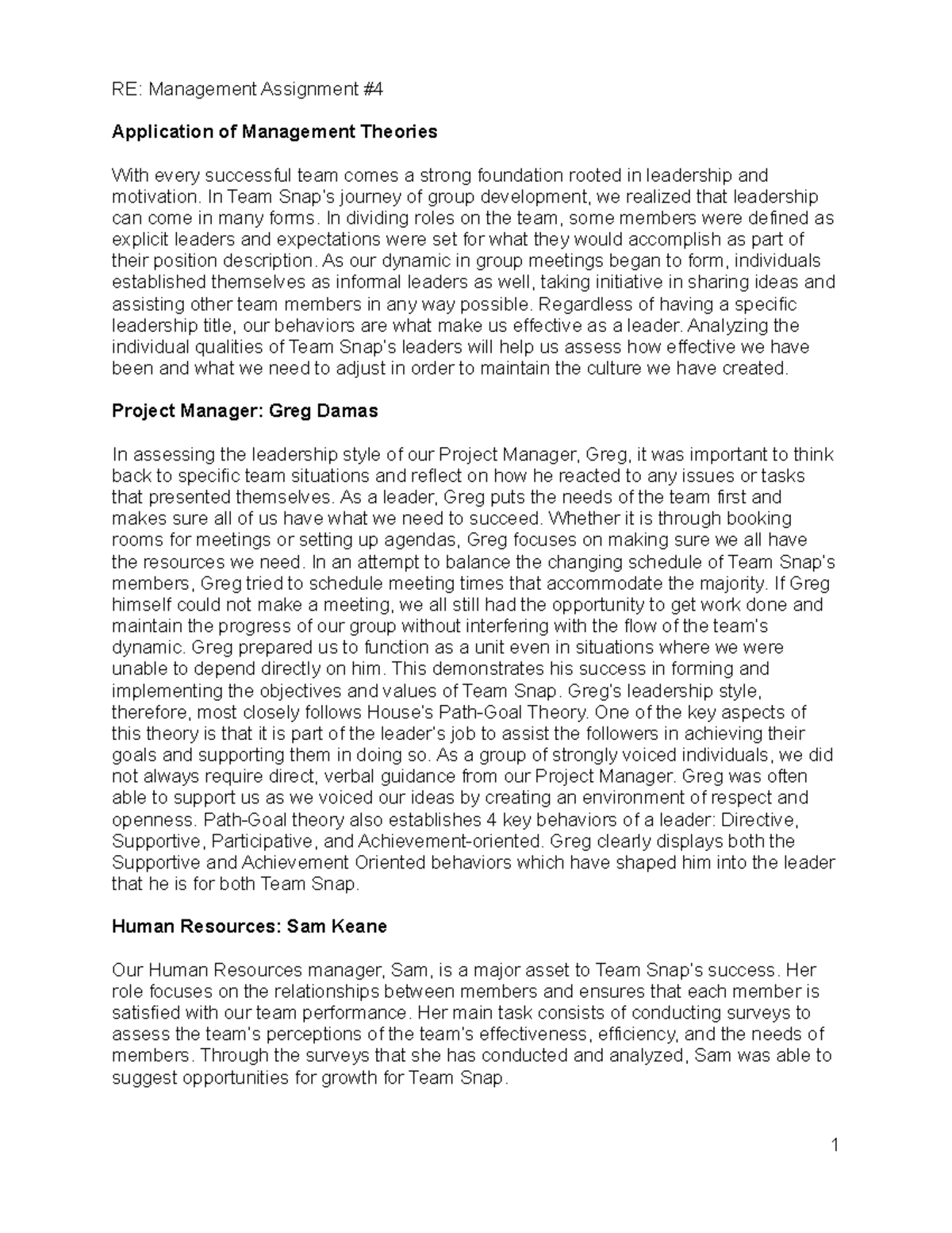 1130 Team Snap Management Assignment 4 RE Management Assignment