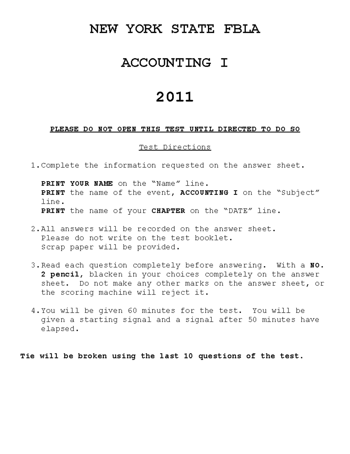 Accounting i Practice NEW YORK STATE FBLA ACCOUNTING I 2011 PLEASE