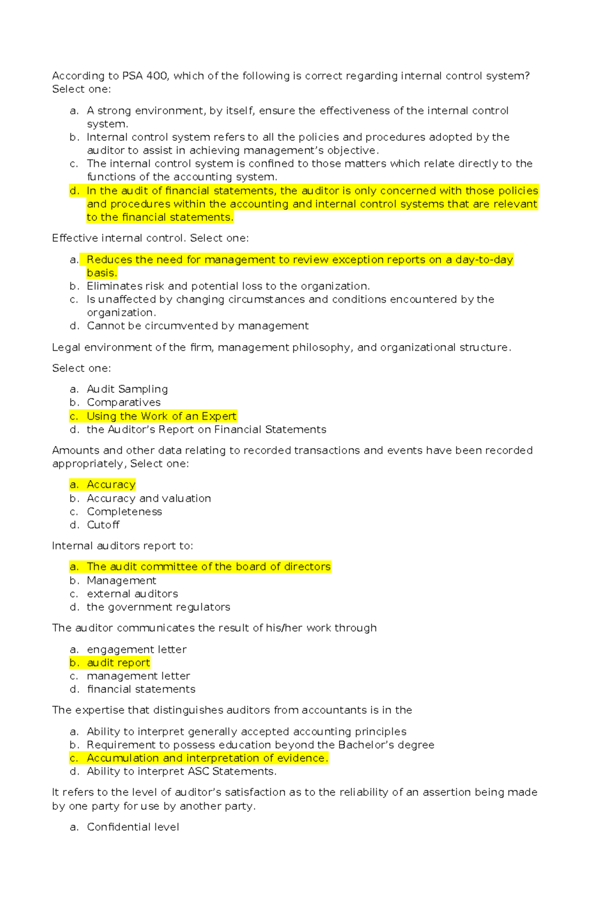Which Of The Following Statements Is Correct Regarding Internal Control Auditing Theory Sample - According to PSA 400, which of the following