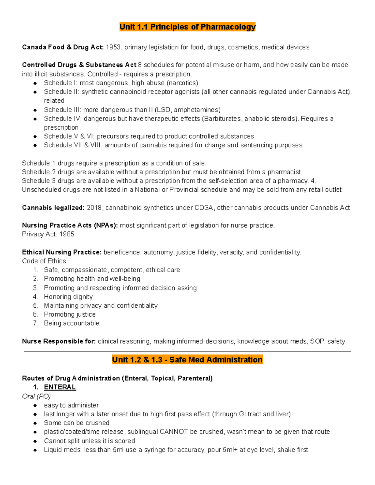 Unit 1 notes Pharm 1000 - Unit 1 Principles of Pharmacology Canada Food ...