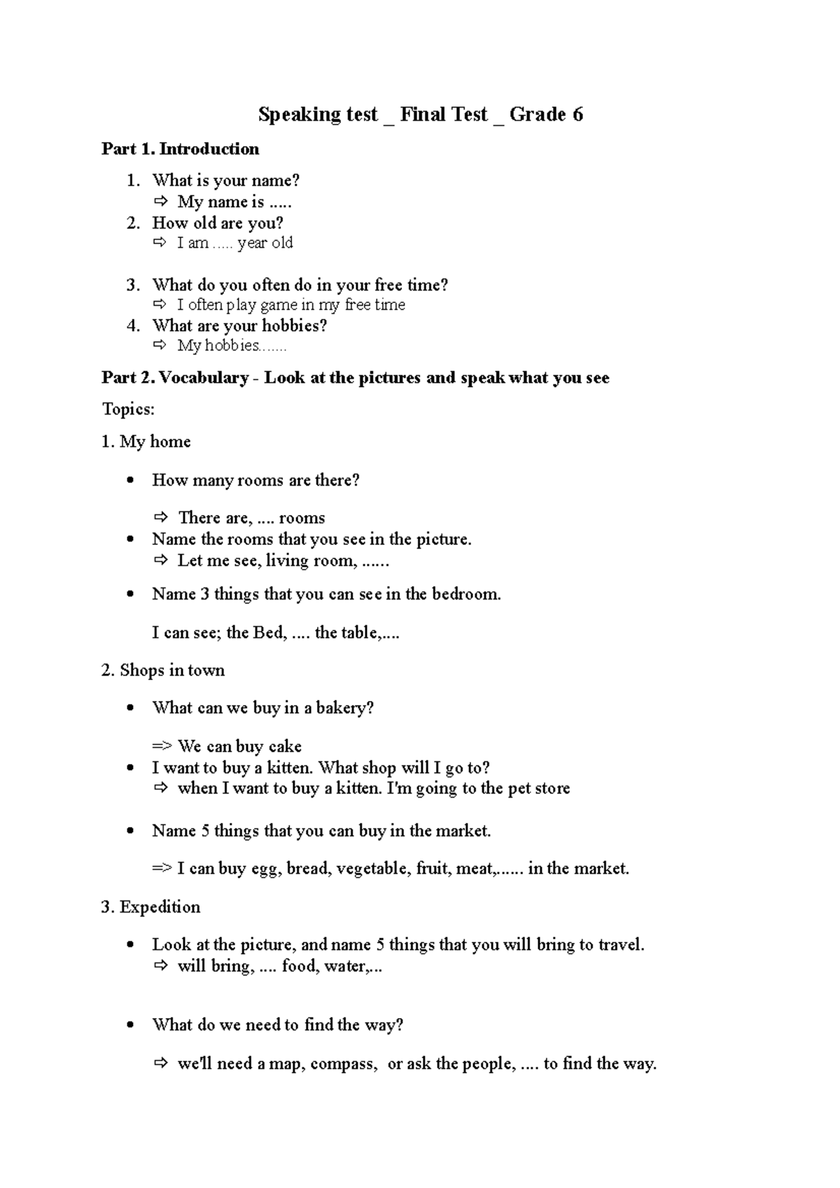 Speaking test english 6 - Speaking test _ Final Test _ Grade 6 Part 1 ...